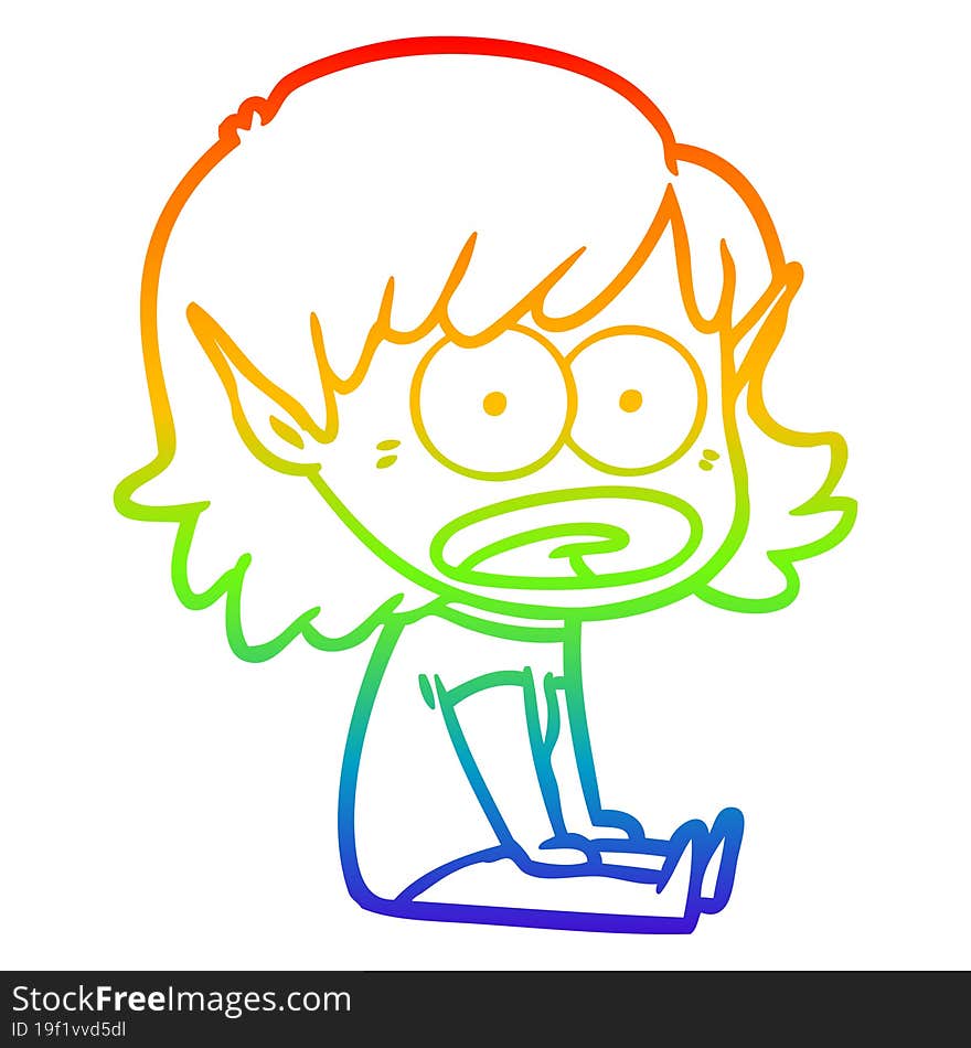 Rainbow Gradient Line Drawing Cartoon Shocked Elf Girl