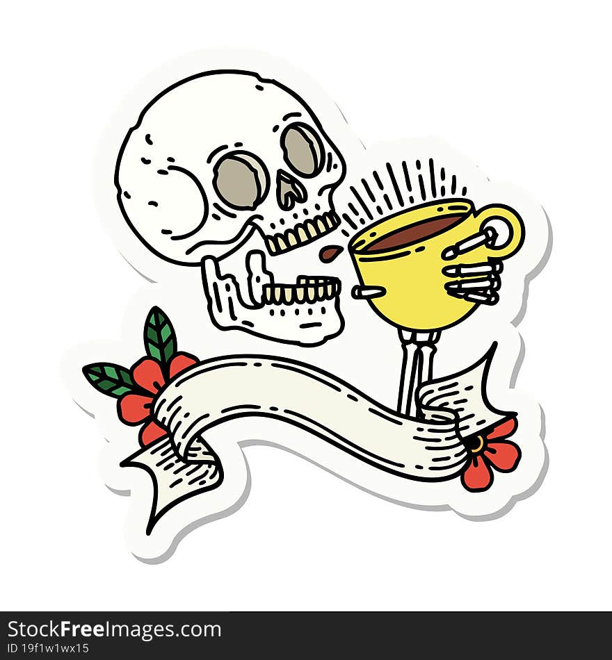 Tattoo Sticker With Banner Of A Skull Drinking Coffee