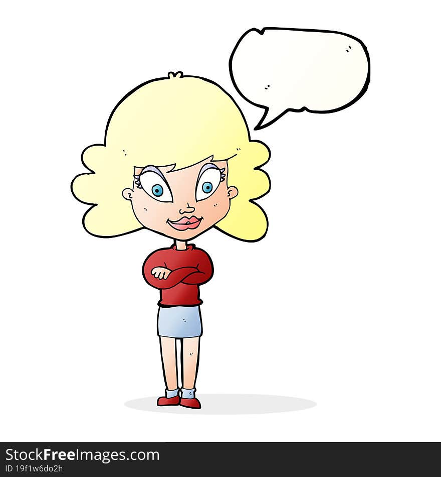 cartoon happy woman with folded arms with speech bubble