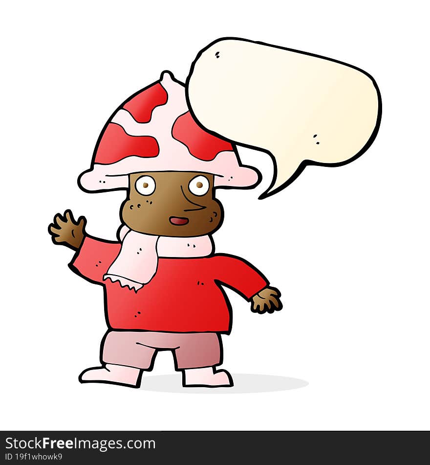 cartoon mushroom man with speech bubble