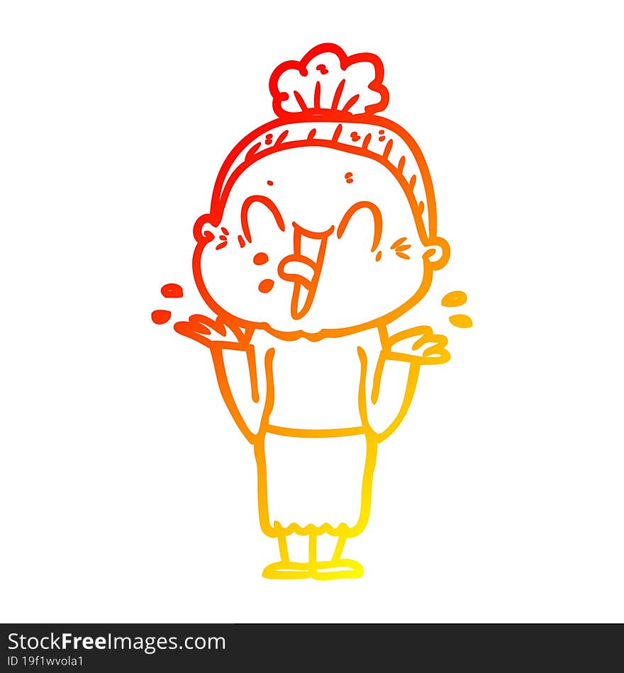 warm gradient line drawing of a cartoon happy old woman