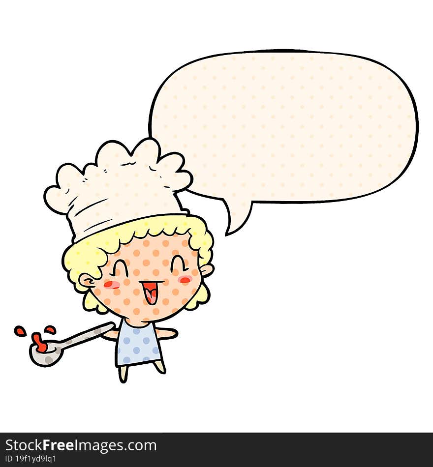 Cute Cartoon Happy Chef And Speech Bubble In Comic Book Style