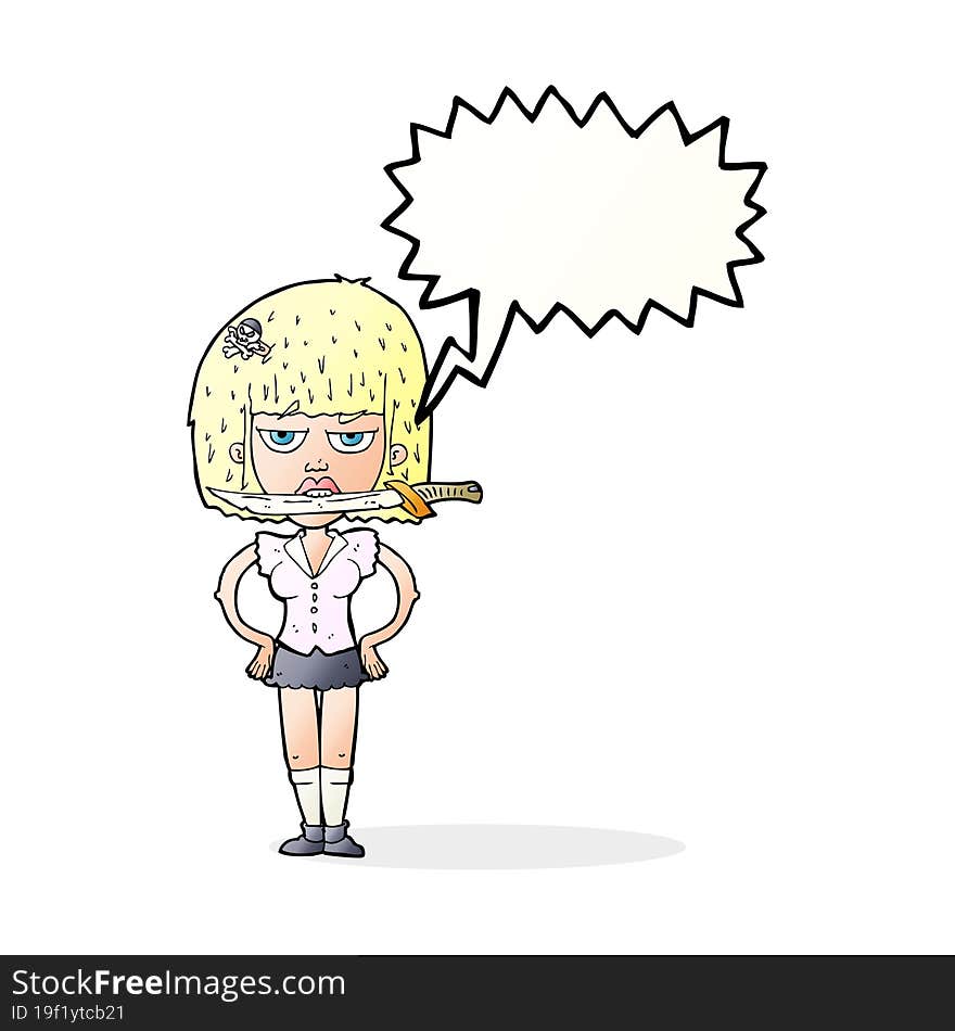 cartoon woman with knife between teeth with speech bubble