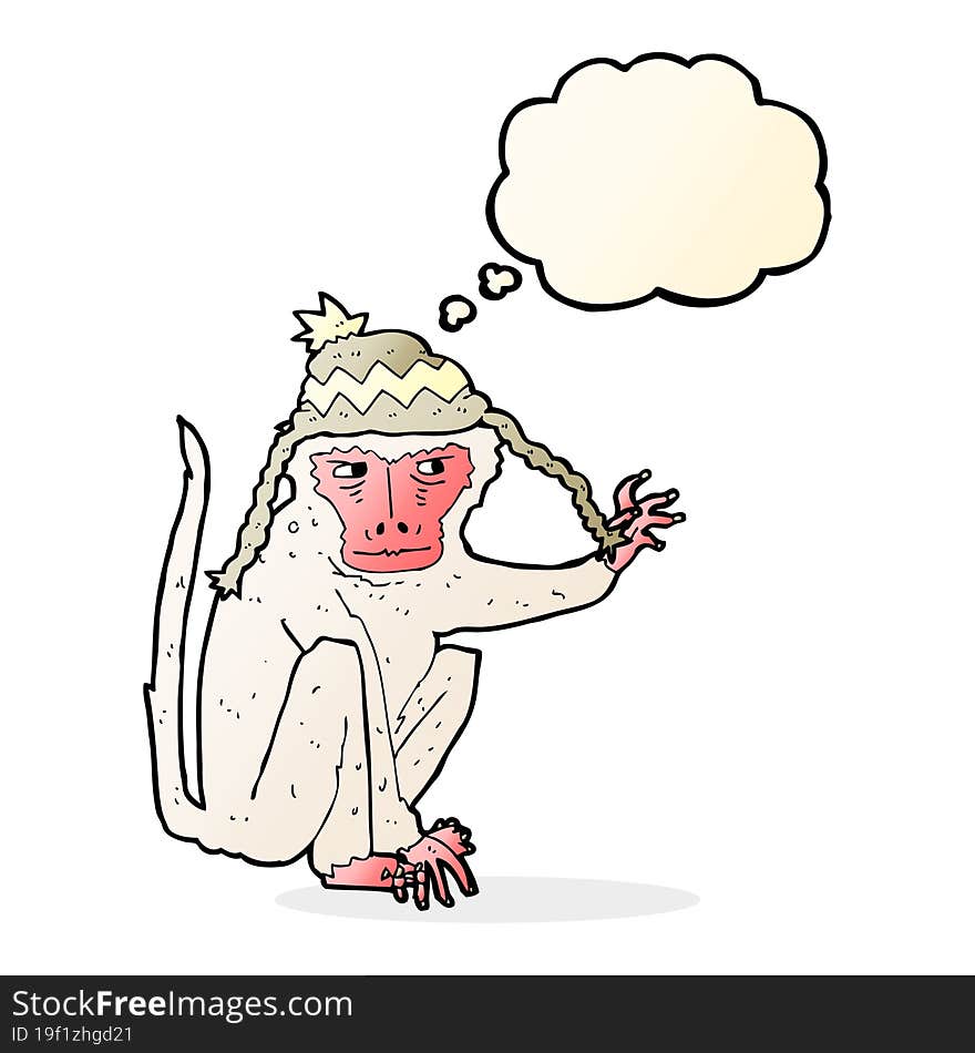 cartoon monkey wearing hat with thought bubble