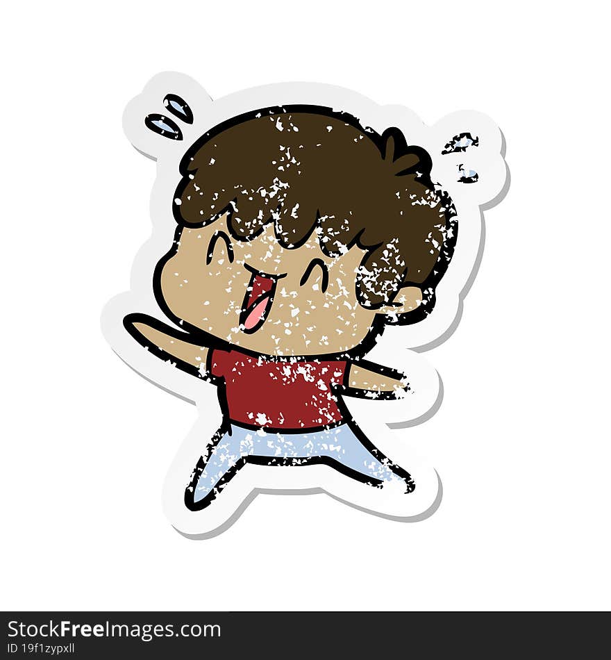 distressed sticker of a cartoon laughing boy