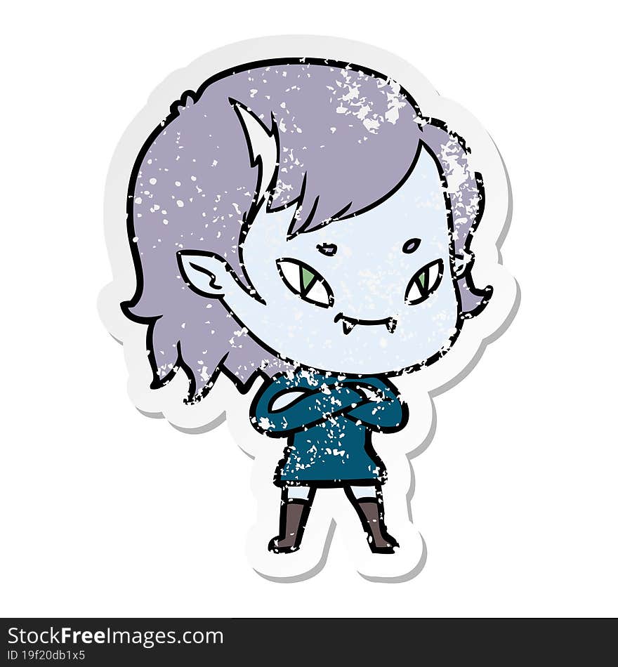 distressed sticker of a cartoon friendly vampire girl