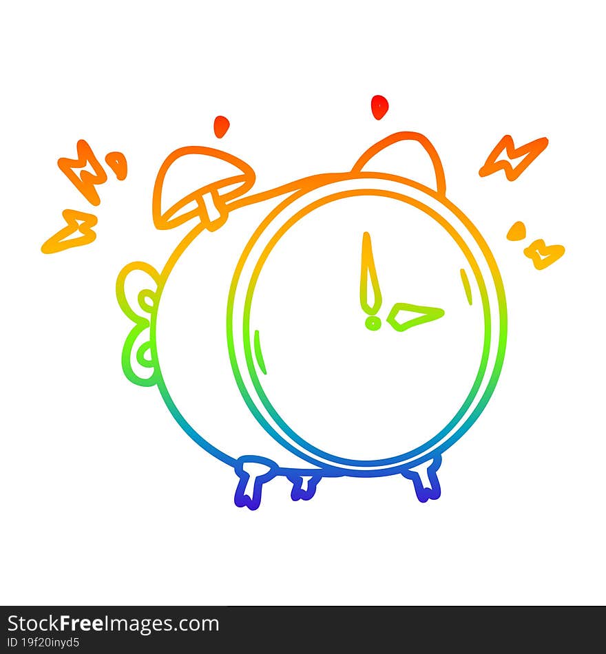 rainbow gradient line drawing of a cartoon ringing alarm clock