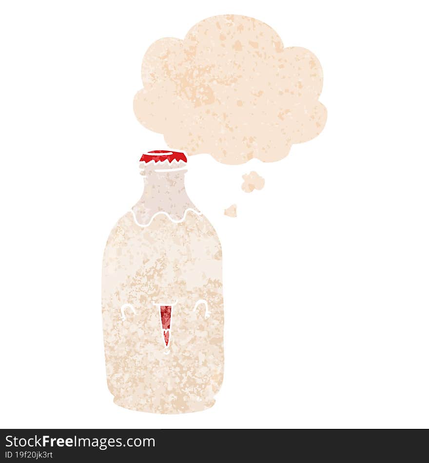 cute cartoon milk bottle and thought bubble in retro textured style