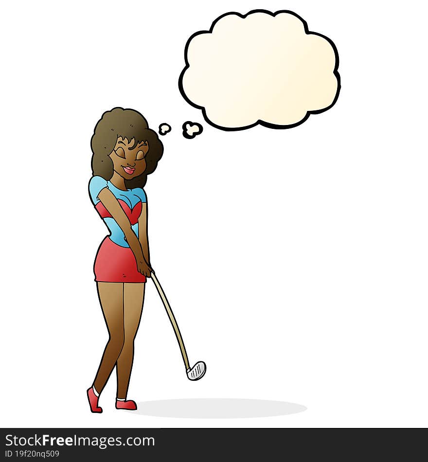 Cartoon Woman Playing Golf With Thought Bubble