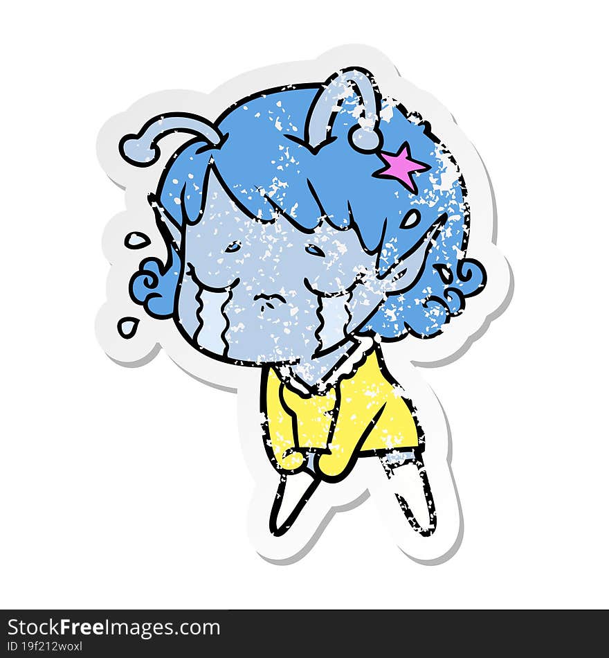 distressed sticker of a cartoon crying alien girl