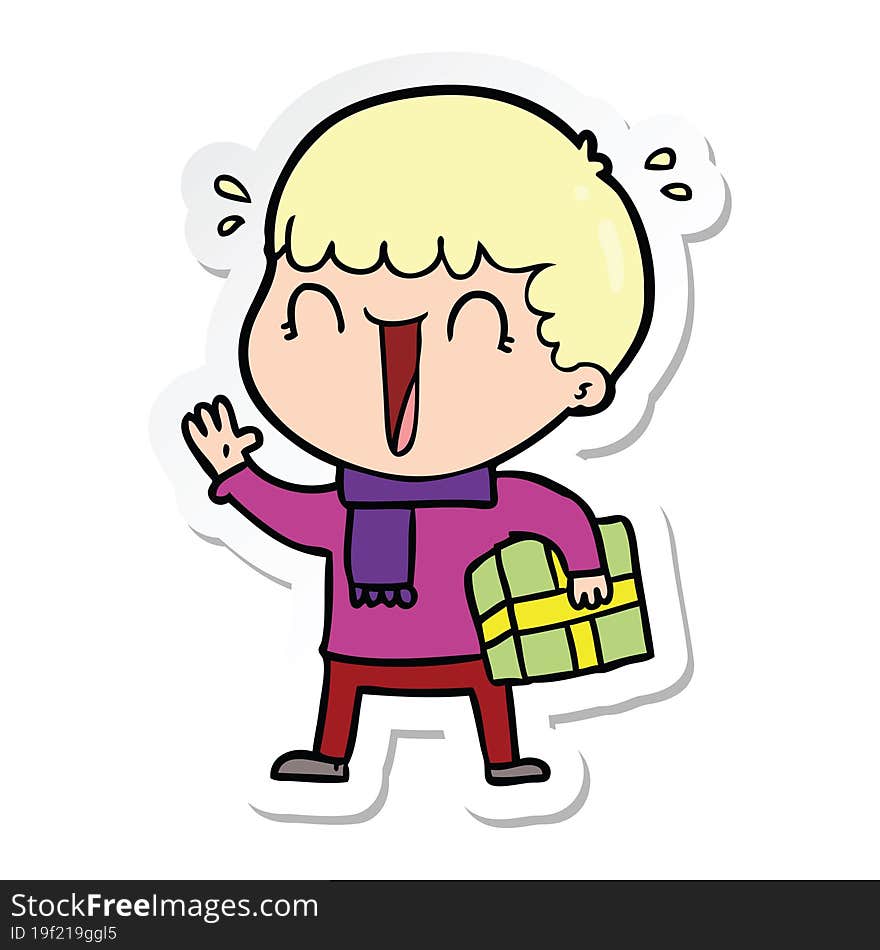 Sticker Of A Laughing Cartoon Man With Present