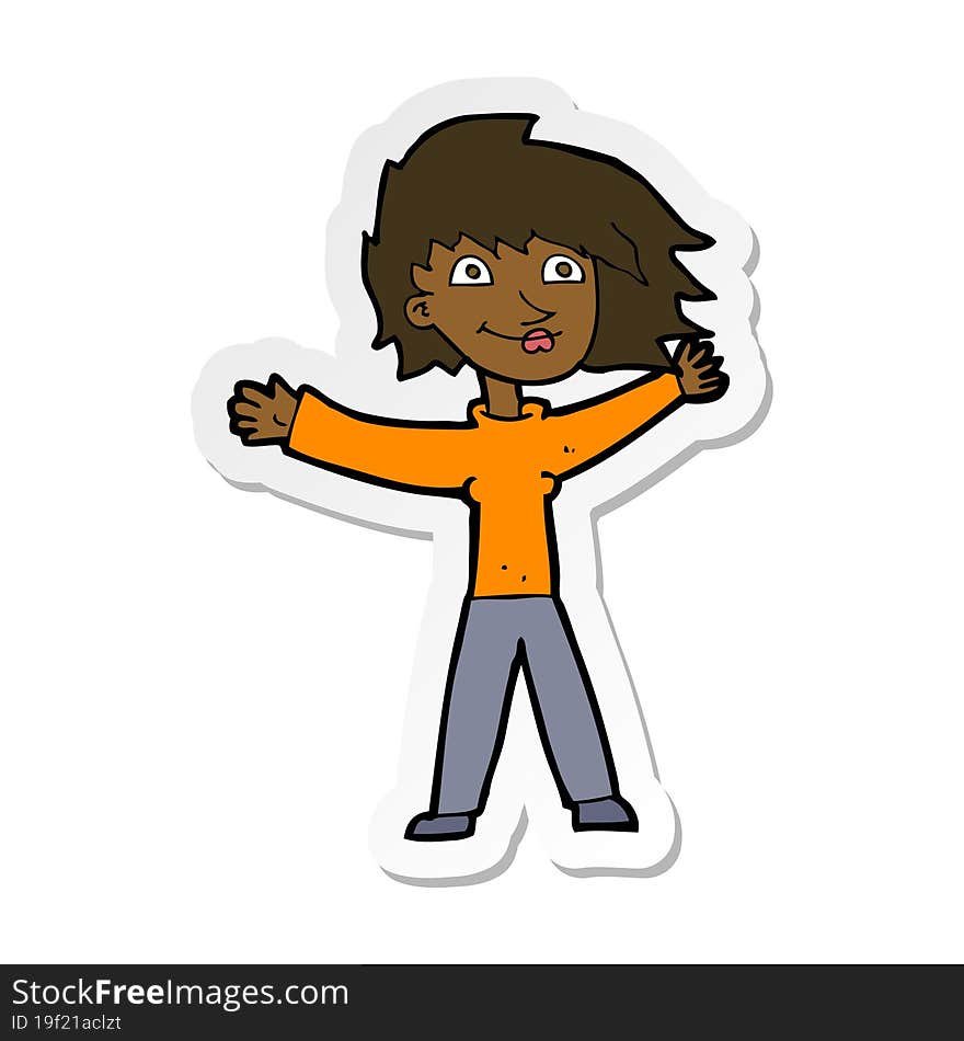 sticker of a cartoon excited woman waving