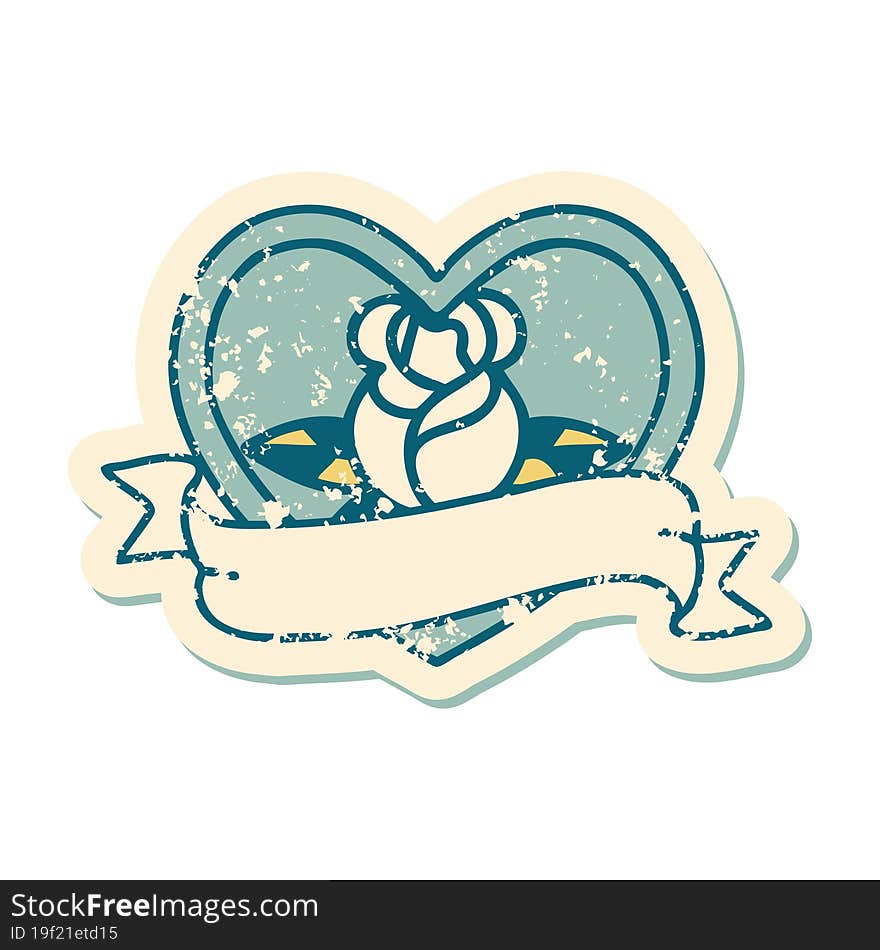 Distressed Sticker Tattoo Style Icon Of A Heart Rose And Banner