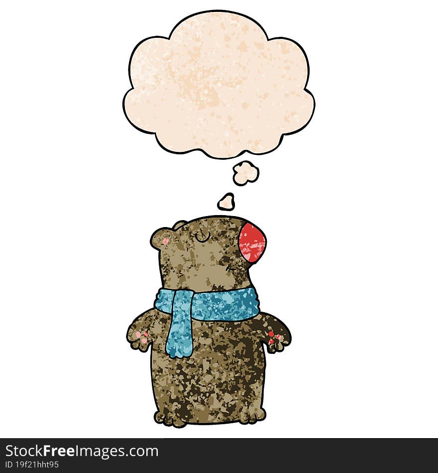 cartoon bear and thought bubble in grunge texture pattern style