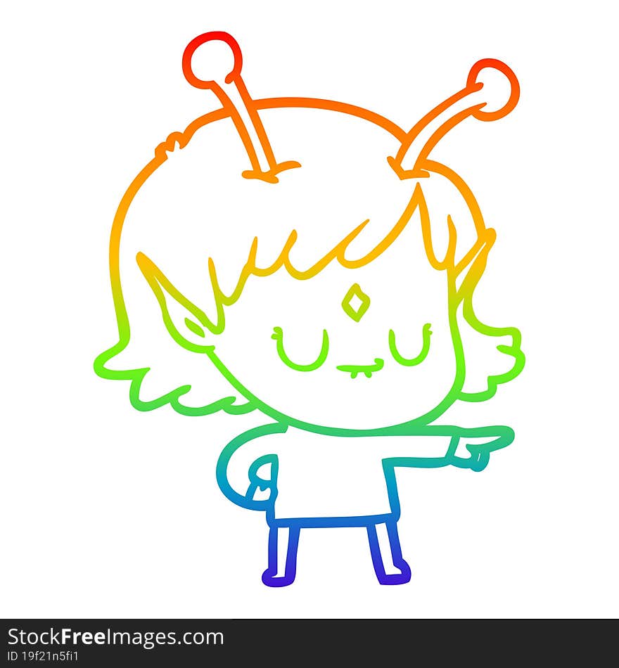 rainbow gradient line drawing of a cartoon alien girl