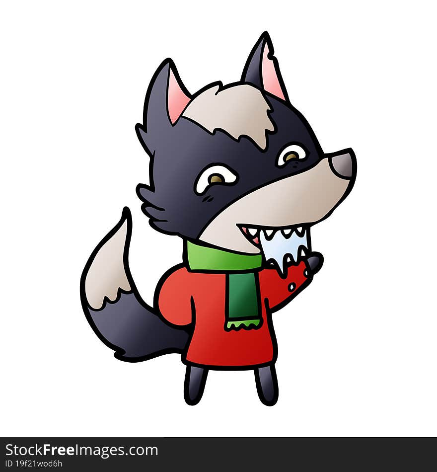 cartoon hungry wolf in winter clothes. cartoon hungry wolf in winter clothes