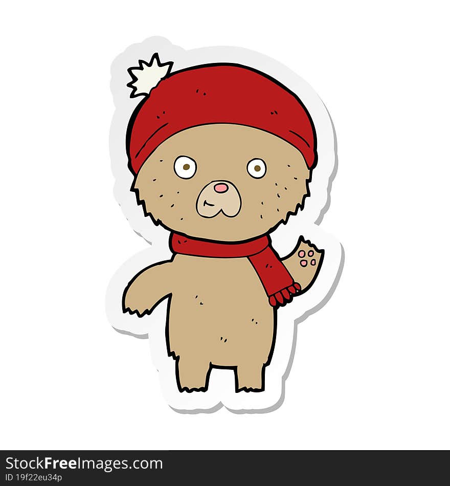 sticker of a cartoon waving teddy bear