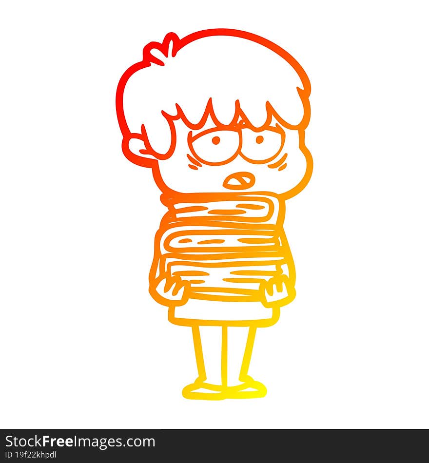 Warm Gradient Line Drawing Cartoon Exhausted Boy Holding Book