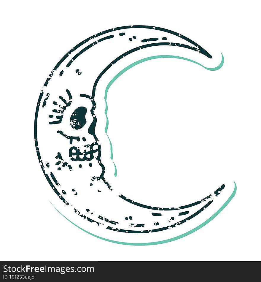 Distressed Sticker Tattoo Style Icon Of A Skull Moon