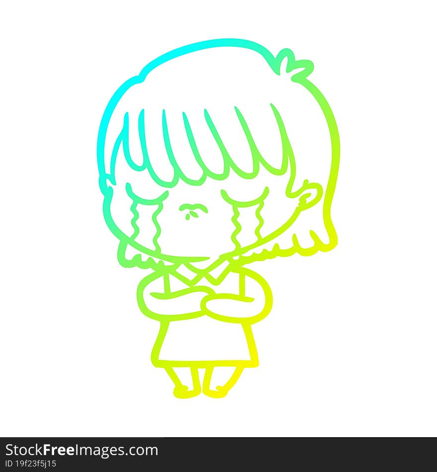 cold gradient line drawing of a cartoon woman crying