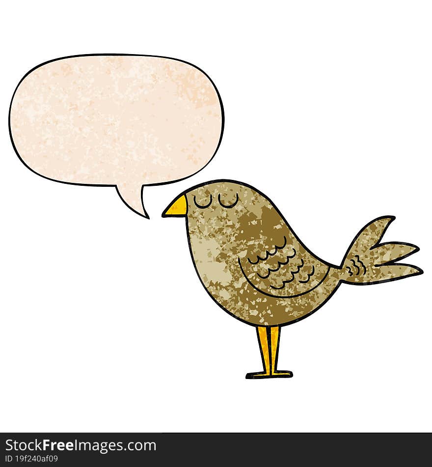 cartoon bird with speech bubble in retro texture style