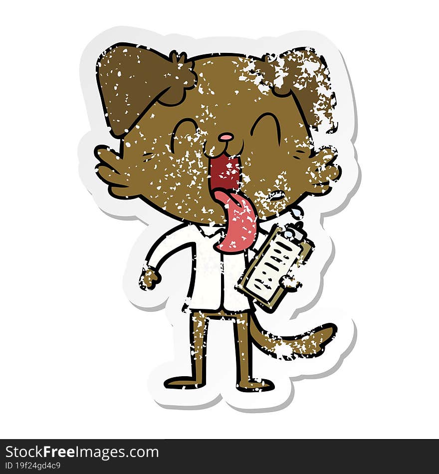 distressed sticker of a cartoon panting dog with clipboard