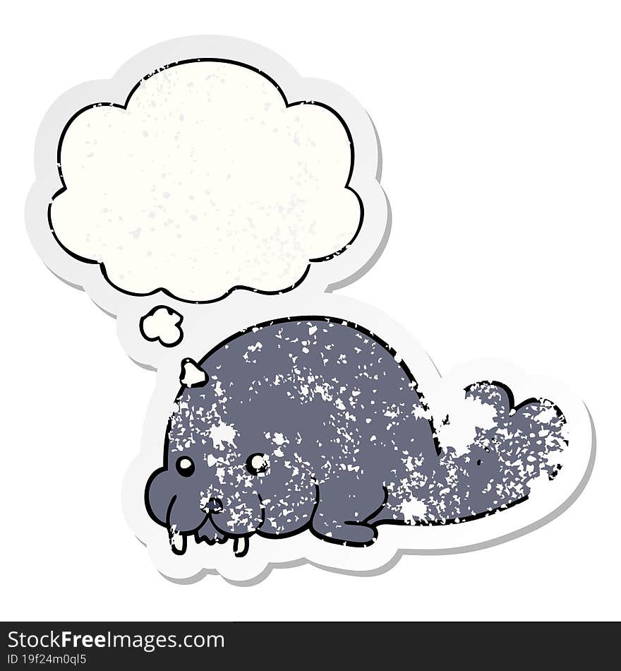 Cute Cartoon Walrus And Thought Bubble As A Distressed Worn Sticker