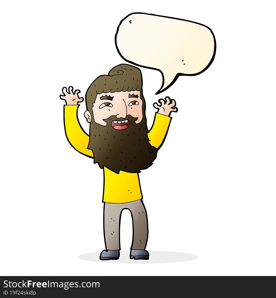 cartoon happy bearded man waving arms with speech bubble