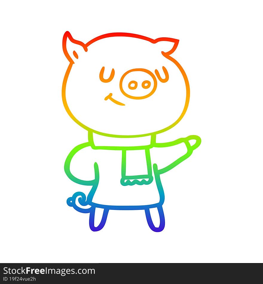 Rainbow Gradient Line Drawing Happy Cartoon Pig