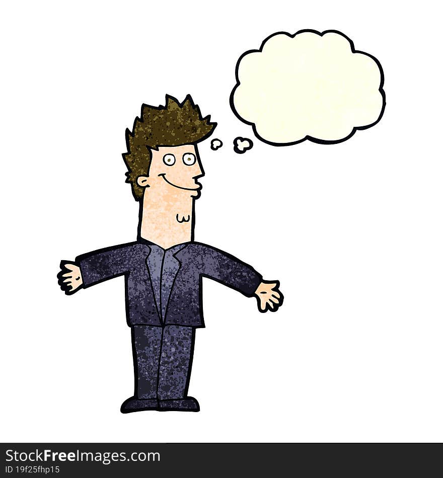 cartoon happy man with open arms with thought bubble