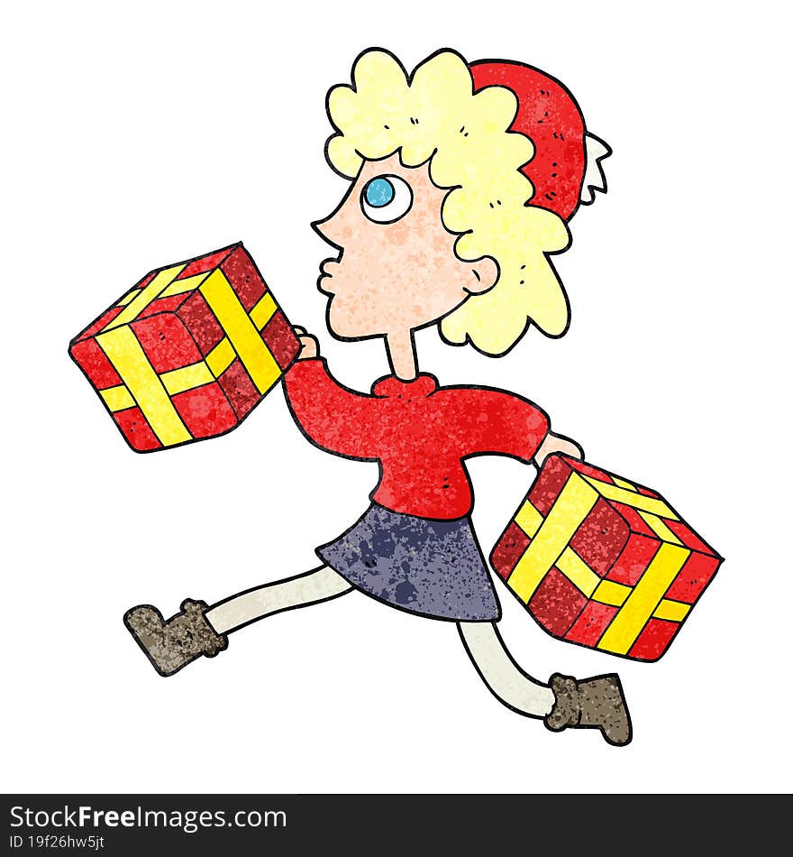 freehand textured cartoon running woman with presents