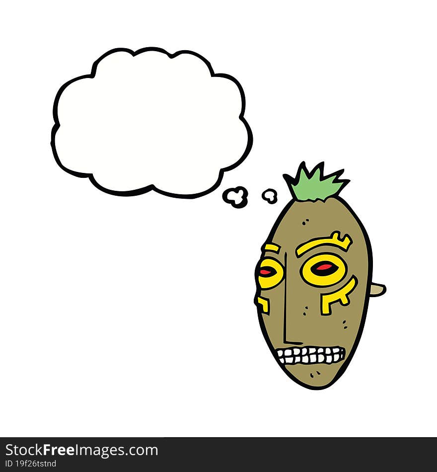 cartoon tribal mask with thought bubble