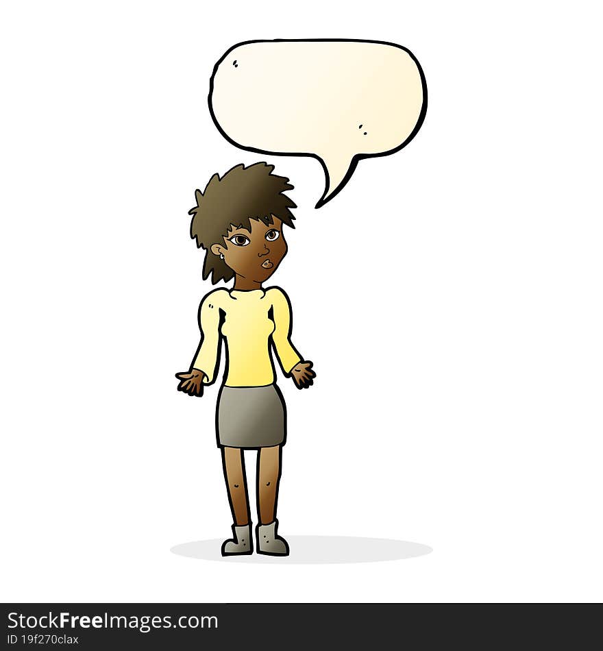 cartoon woman shrugging shoulders with speech bubble