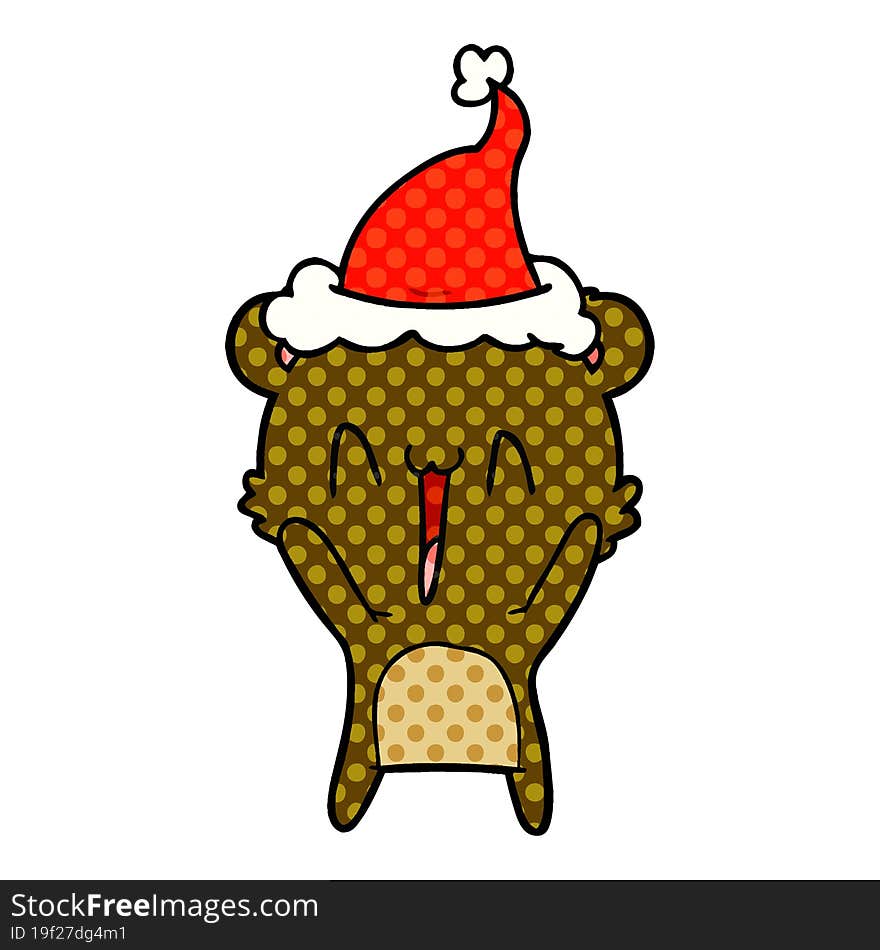 happy bear hand drawn comic book style illustration of a wearing santa hat. happy bear hand drawn comic book style illustration of a wearing santa hat