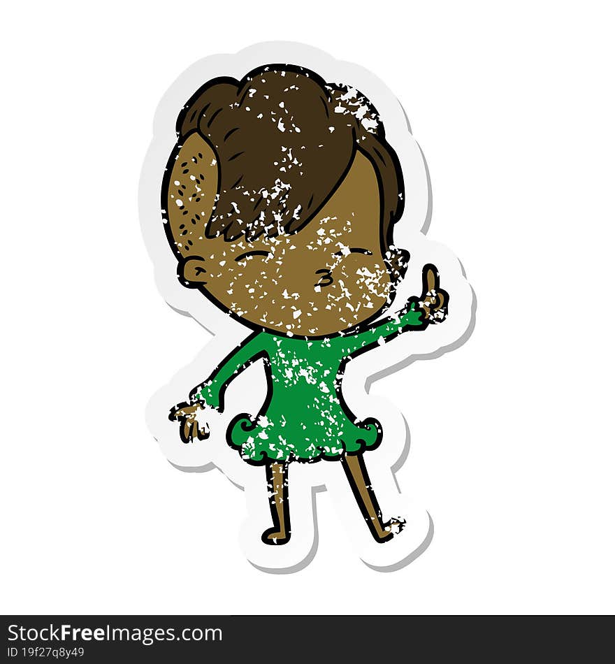 distressed sticker of a cartoon squinting girl