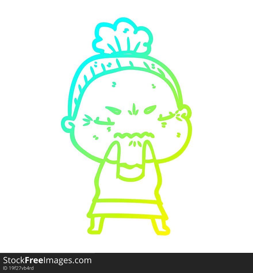 cold gradient line drawing of a cartoon annoyed old lady