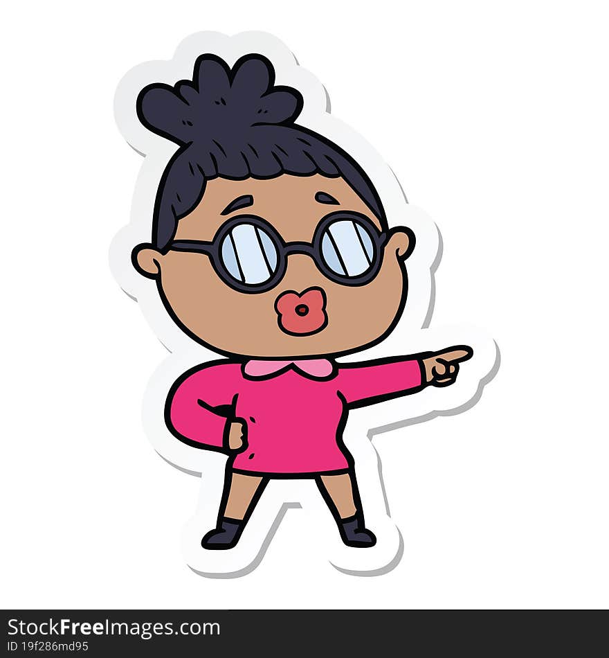 Sticker Of A Cartoon Pointing Woman Wearing Spectacles