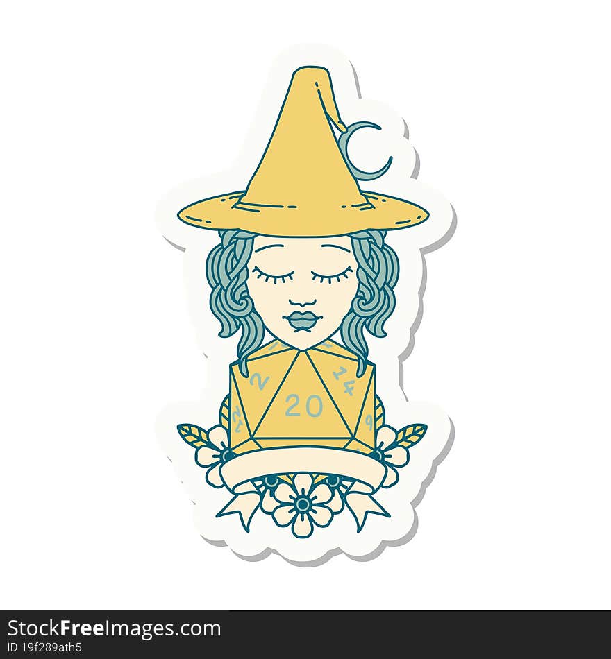 human witch with natural twenty dice roll sticker