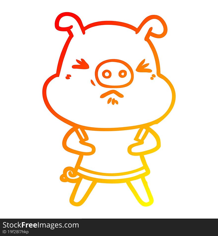 warm gradient line drawing of a cartoon angry pig wearing tee shirt