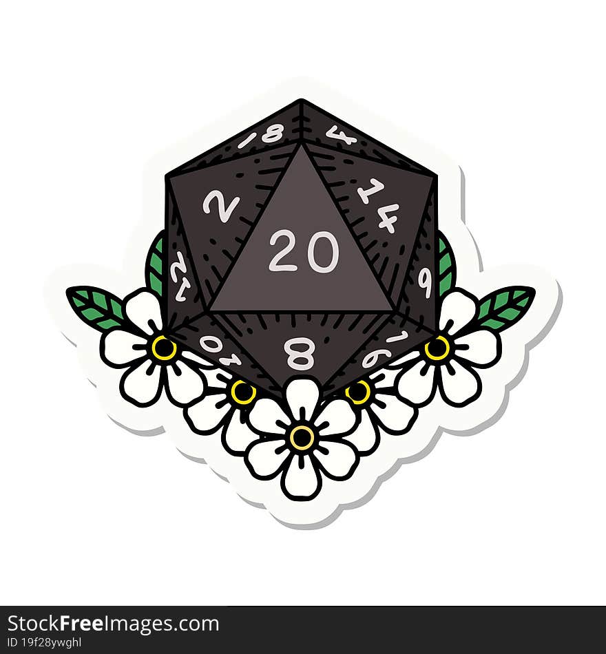 Natural 20 D20 Dice Roll With Floral Elements Sticker