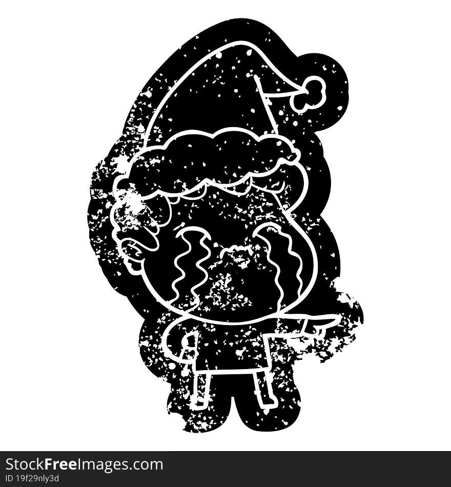 cartoon distressed icon of a man crying wearing santa hat