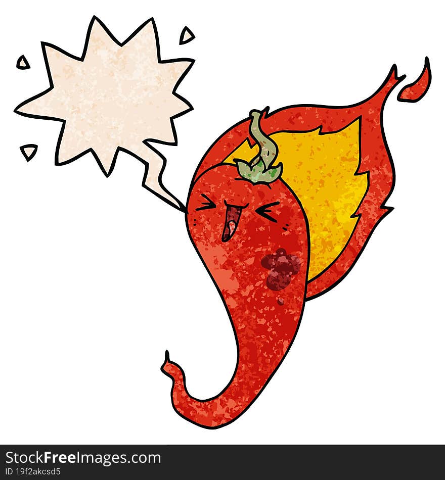 Cartoon Flaming Hot Chili Pepper And Speech Bubble In Retro Texture Style