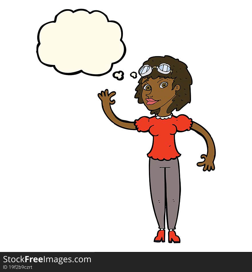 cartoon pilot woman waving with thought bubble