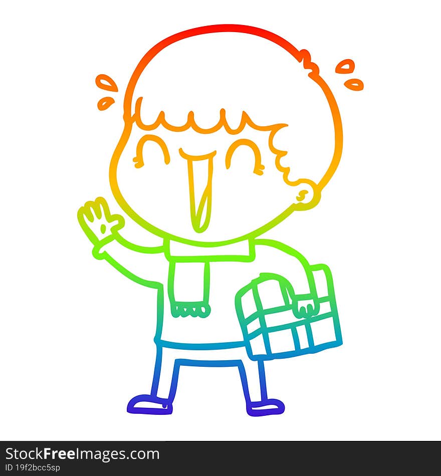 rainbow gradient line drawing of a laughing cartoon man with present