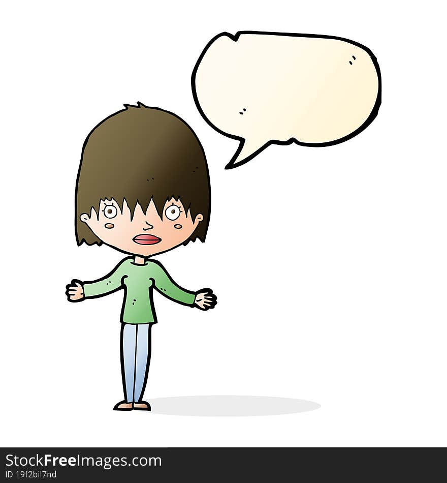 cartoon woman shrugging shoulders with speech bubble