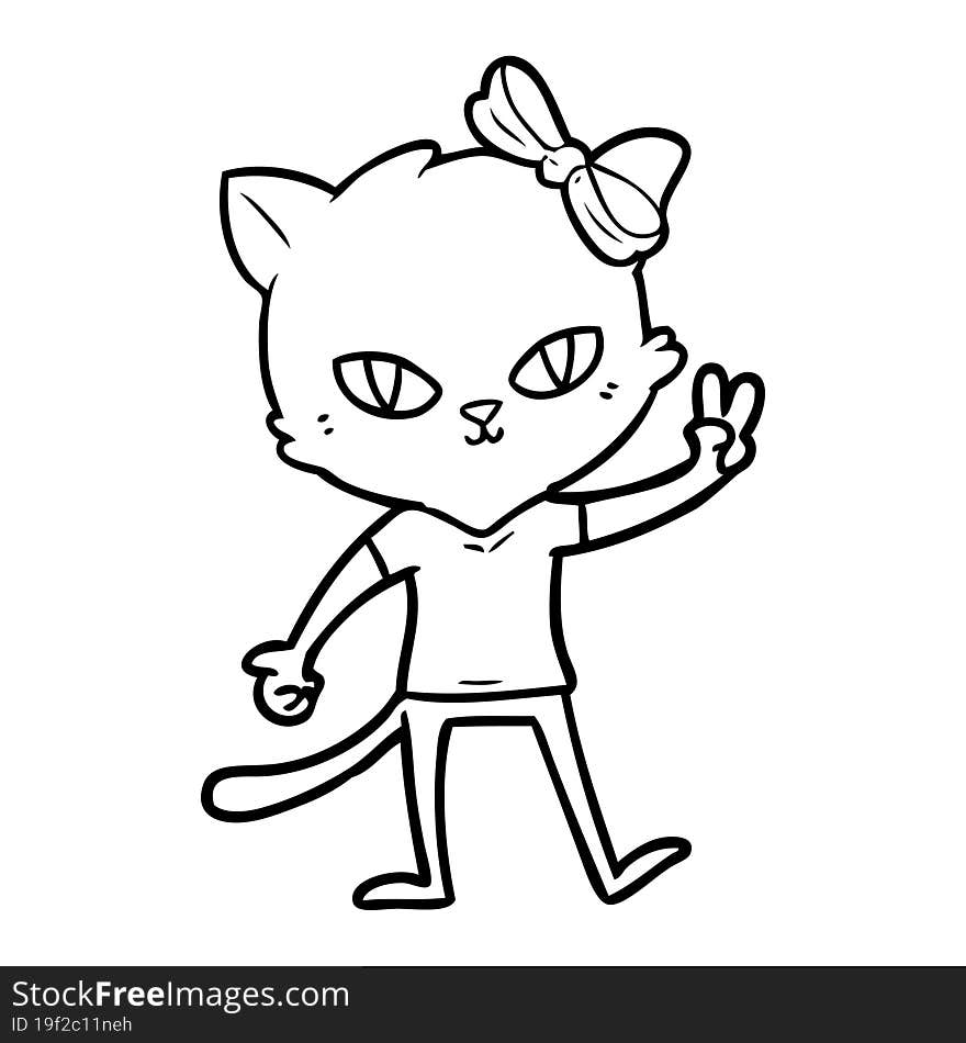 cute cartoon cat girl giving peace sign. cute cartoon cat girl giving peace sign