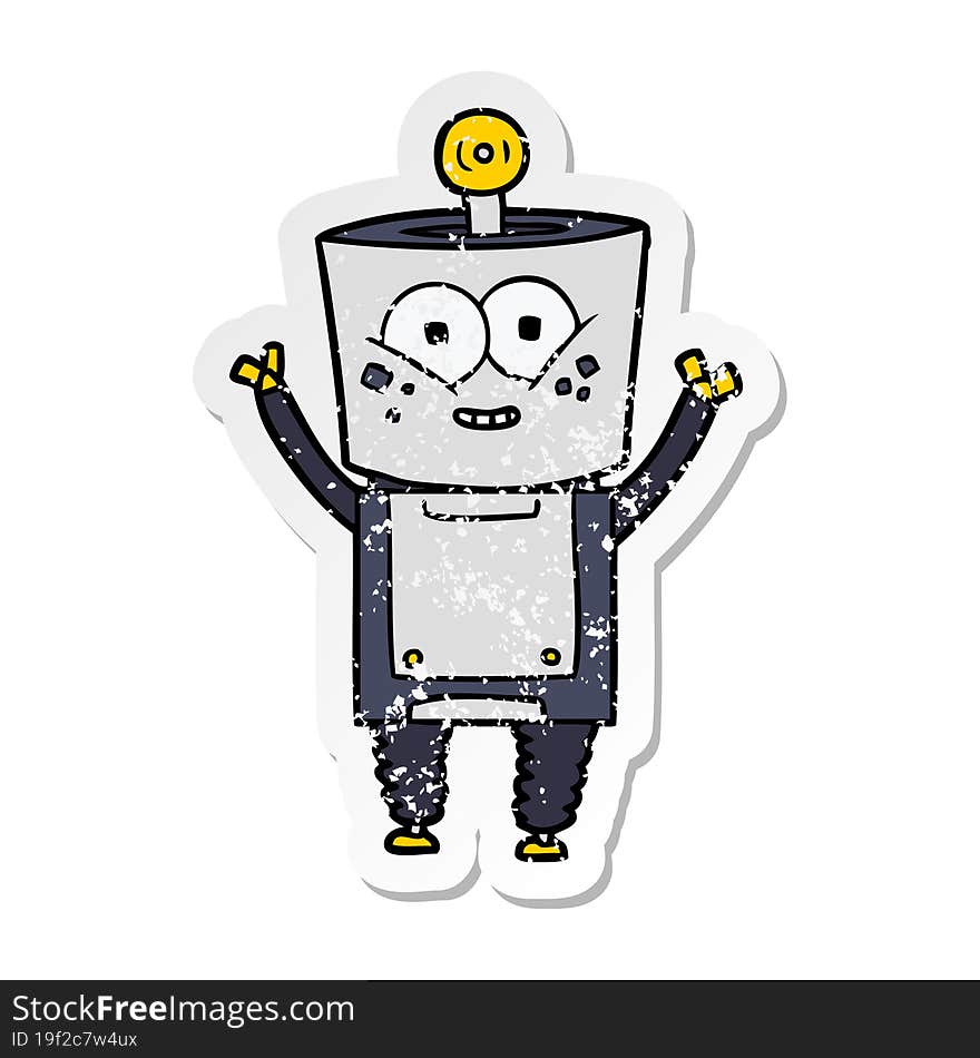 distressed sticker of a happy cartoon robot waving hello