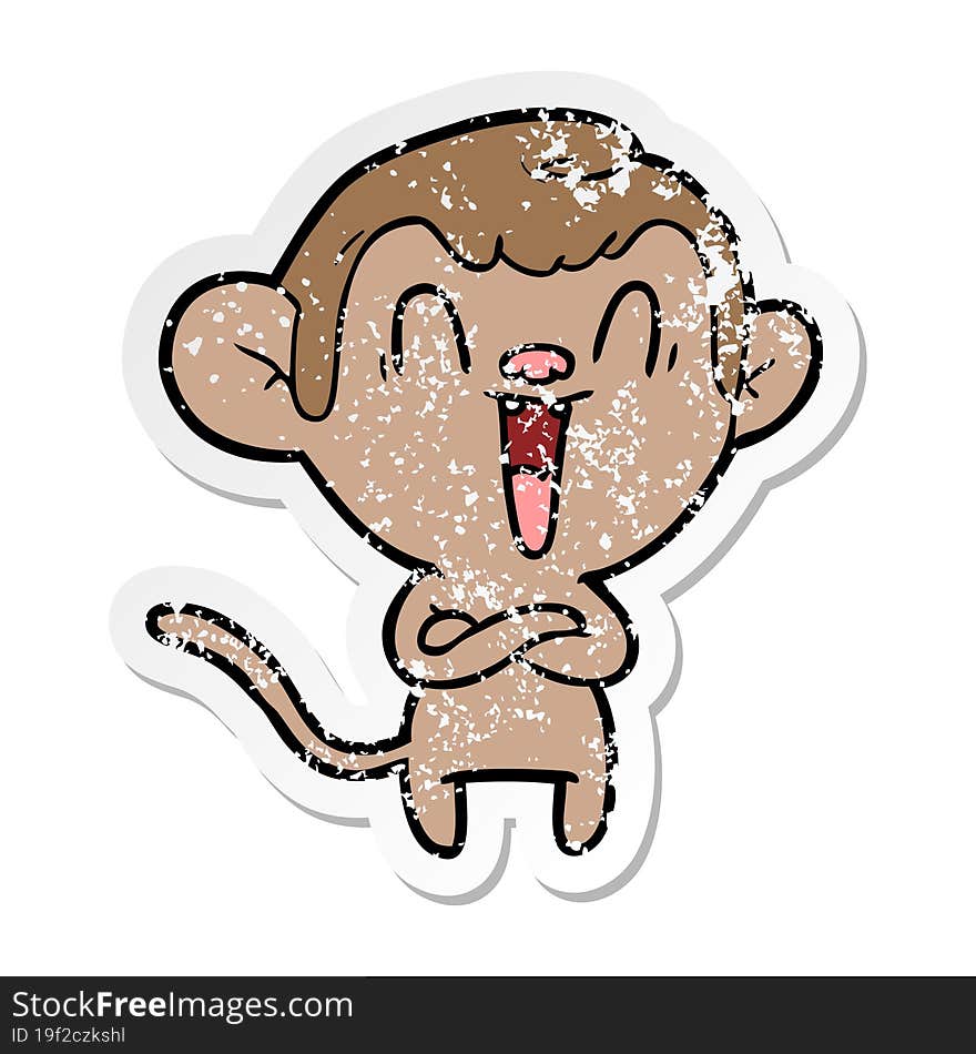 distressed sticker of a cartoon laughing monkey