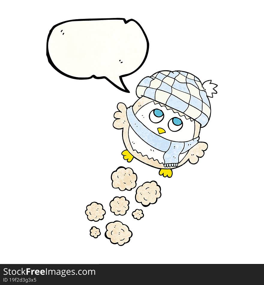 speech bubble textured cartoon cute little owl flying