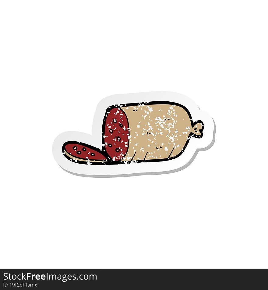 retro distressed sticker of a cartoon sliced sausage